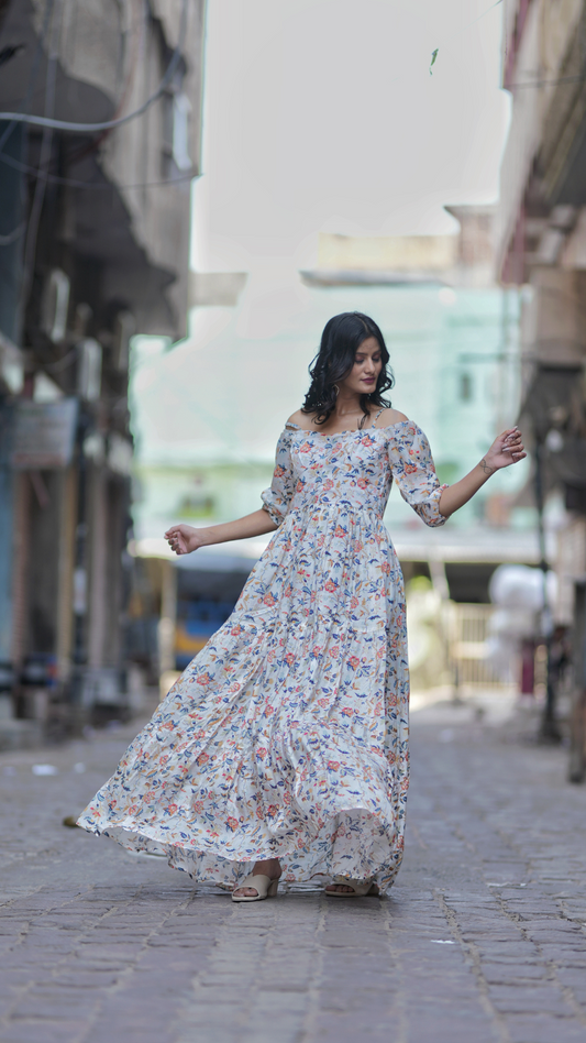 Floral White  Long Dress